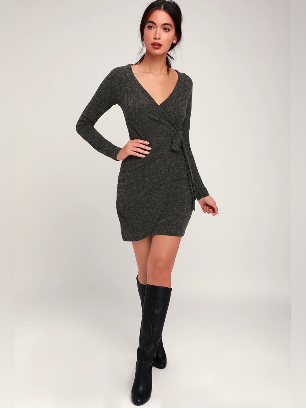 Lulus All My Wisdom Charcoal Gray Ribbed
Long Sleeve Wrap Mini Dress XL